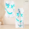 Women Plus Size V Neck Three Quarter Sleeve Blue Pink White Printed Flared Top And Flared Pants Two Piece Set