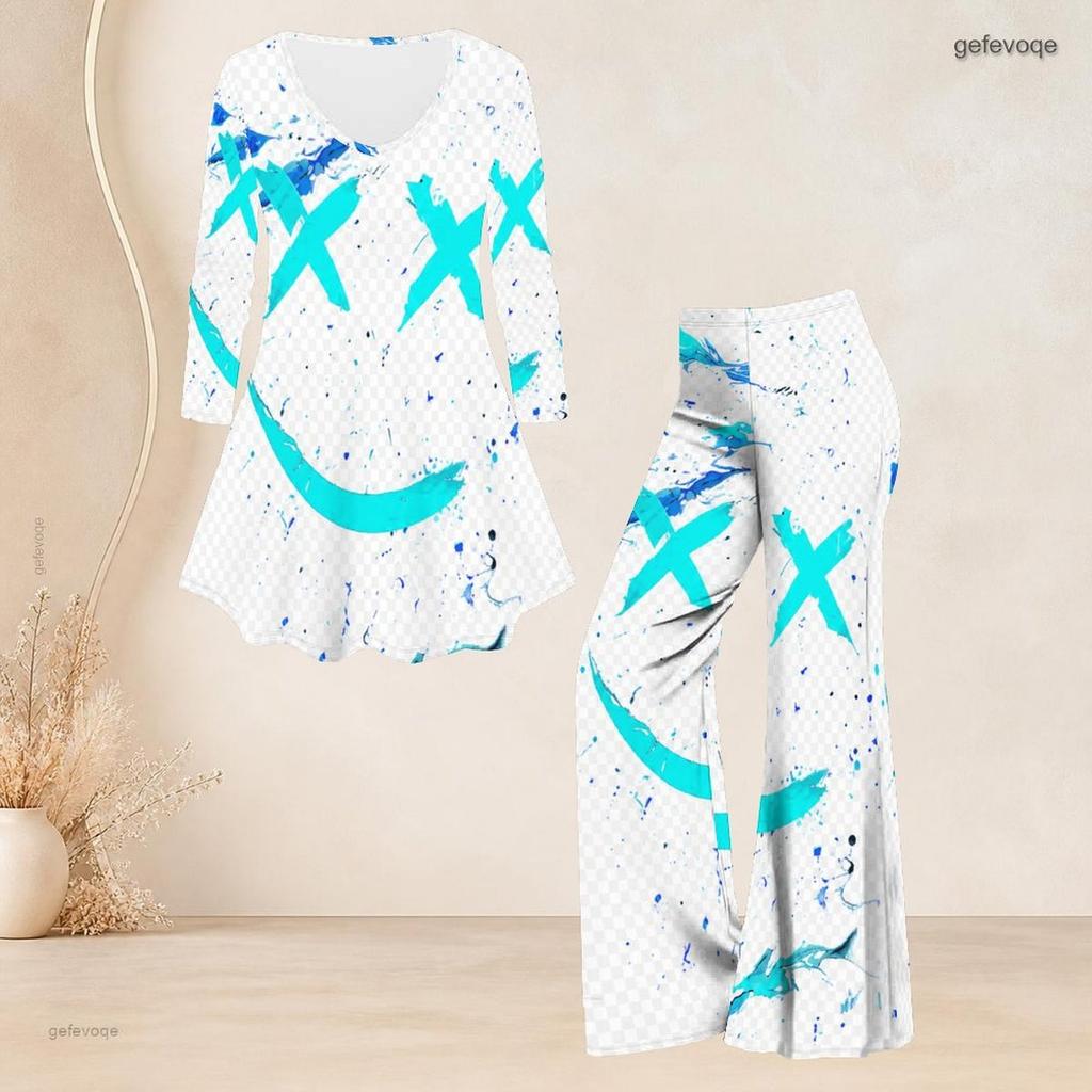 Women Plus Size V Neck Three Quarter Sleeve Blue Pink White Printed Flared Top And Flared Pants Two Piece Set