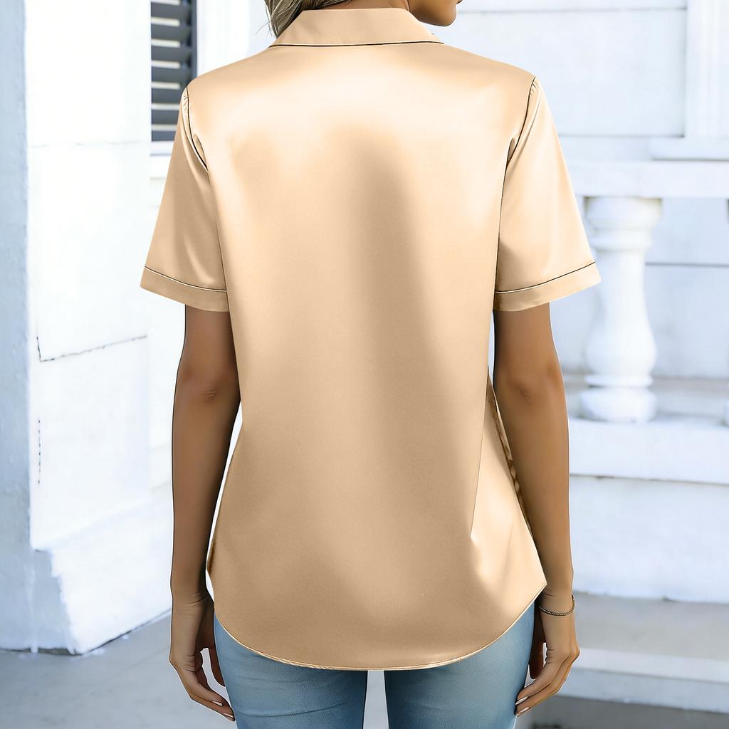 Womens Satin Blouse Short Sleeve Silk Tops Button Down Shirts Business Casual Outfits