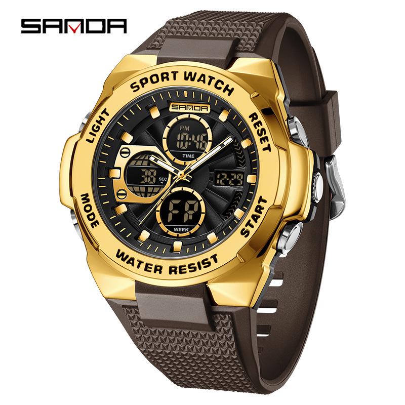 Sanda Men's Trendy Outdoor Sports Watch - Waterproof, Luminous, Multifunctional with Dual Display & Alarm.