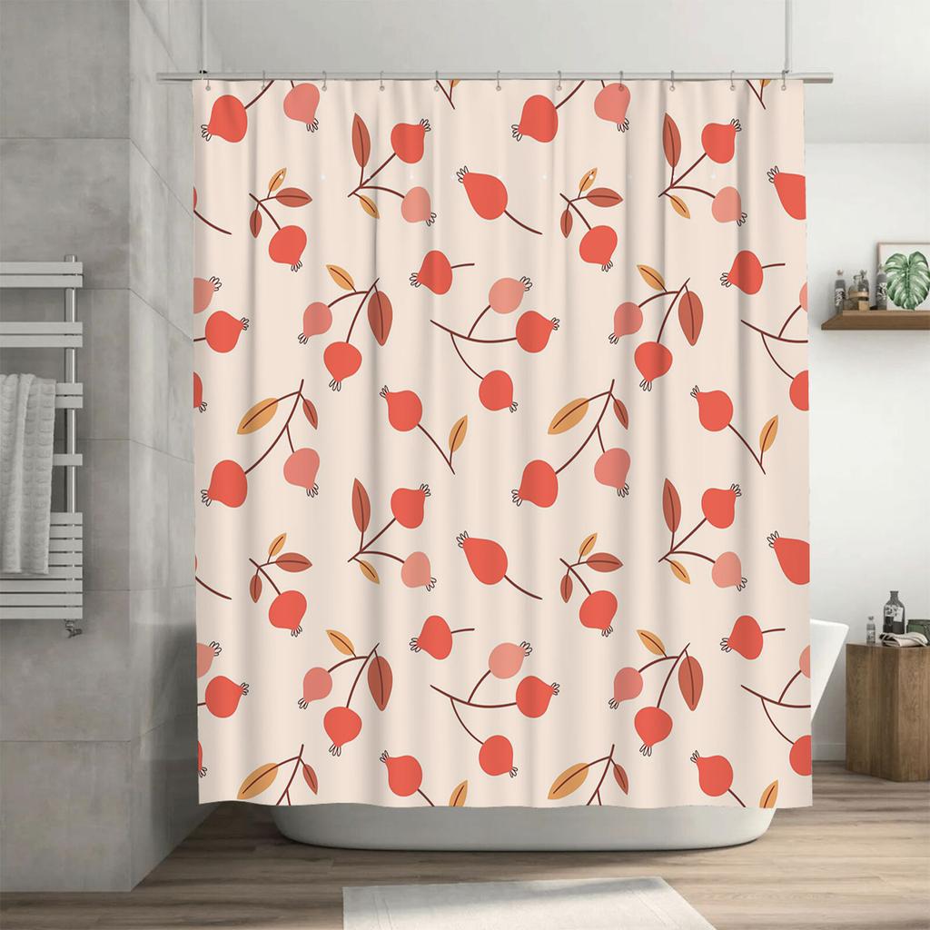 Modern Floral Fruit Print Shower Curtain Waterproof Bathroom Decorative Liner Red Apple Design (230x185cm)