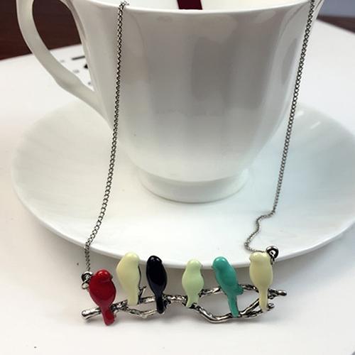 Cute Animal Lovely Pendant Six Birds On Branch Women Long Jewelry Chain Necklace AVE