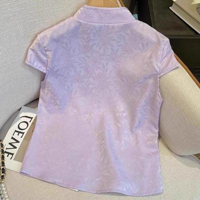Summer Outer Purple Top Versatile Short-sleeved Top Acetic Acid Stand-up Collar 2025 Summer Shirt