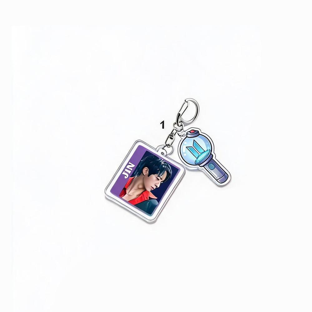 BTS Idol Photo Keychain with Lightstick Charm, Cute Acrylic Pendant with Kpop Logo, ARMY Fans Collectible Bag Charm JIN