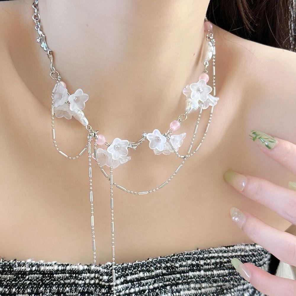 Light Luxury Sakura Necklace French Design Lockbone Chain Tassel Necklace  Niche Collection