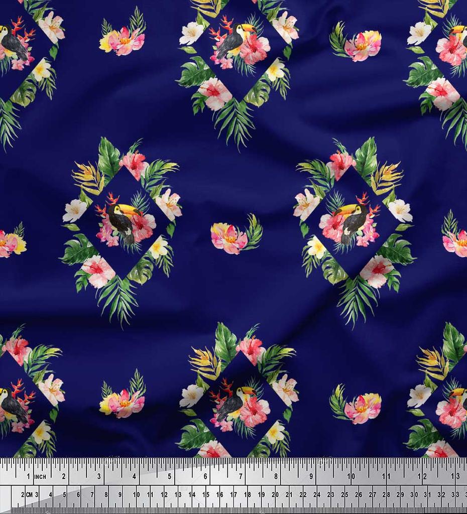 Soimoi Blue Poly Crepe Satin Fabric Bird & Floral Print Print Fabric by the Metre 42 Inch