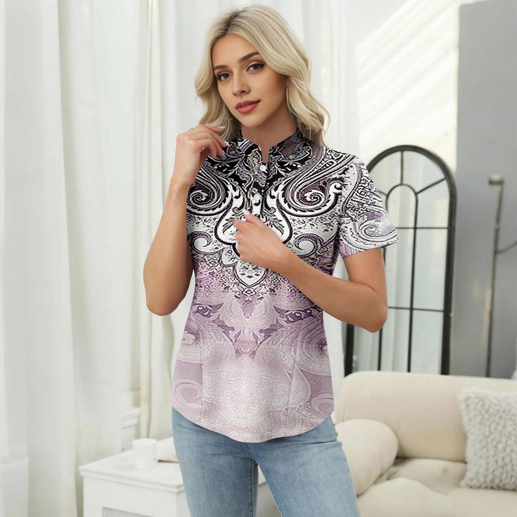 Women's Casual Floral Print V-Neck Short Sleeve Decorative Button T-Shirt Top