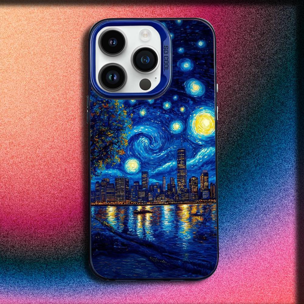 V-Van Gogh Starry Night Sunflower Cat Phone Case For iPhone 16,15,14,13,12,11,Mini,Pro,E,MAX Blue Matte Silicone Cover