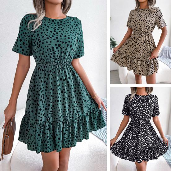 

Женское платье с круглым вырезом и рюшами на подоле, шифоновое платье в горошек с принтом, повседневное женское платье с коротким рукавом, повседневная одежда