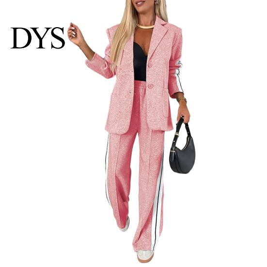 Women Coat Pants Suit 2 Pcs/Set Lady Formal Set Turn-down Collar Single-breasted Long Sleeves Button Decor Trousers Jacket Loose Striped Wide