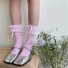 Fashionable Ruffle Mesh Splicing Ankle Socks with Bows Detail Breathable Elegant Solid Color Middle Tube Socks for Women