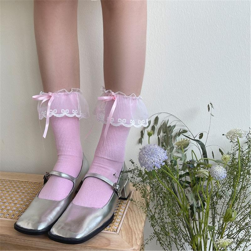 Fashionable Ruffle Mesh Splicing Ankle Socks with Bows Detail Breathable Elegant Solid Color Middle Tube Socks for Women
