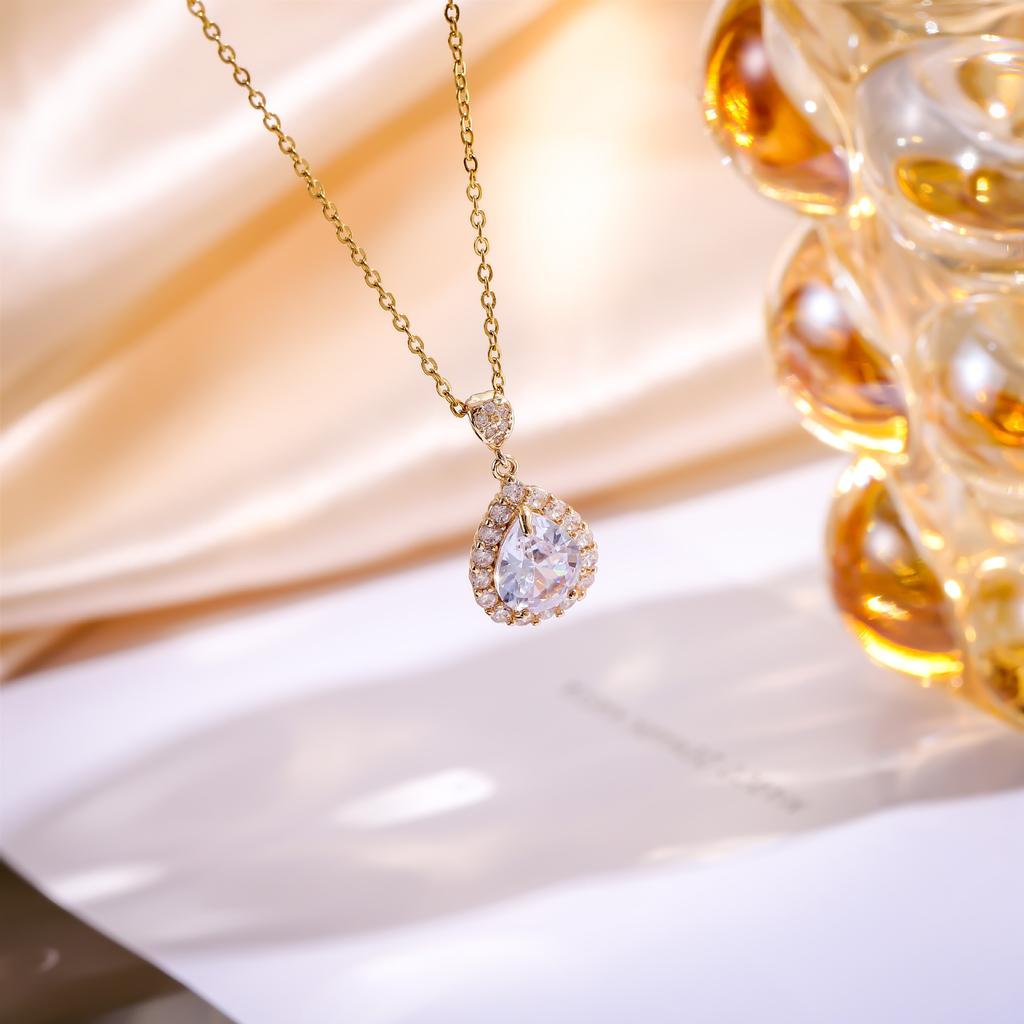 Colorful Zircon Water Drop Pendant Necklaces for Women Girls Stainless Steel Chain Simple Trendy Jewelry Accessories Gifts