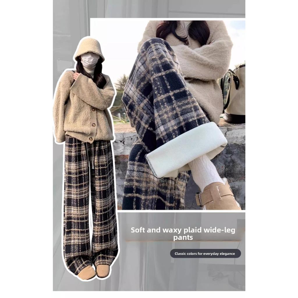 Marineblaue und karierte Samthose für Kinder im Herbst und Winter, hochtailliert und figurbetont, weite Beinhose, lässige und dicke Hose