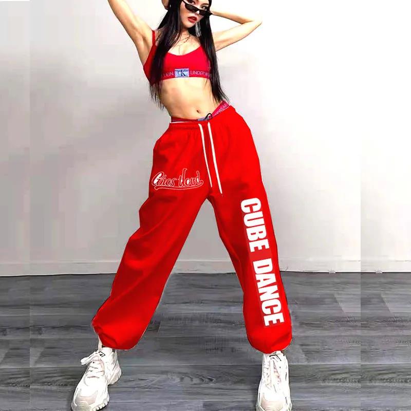 Oversize inkoustově zelené sportovní kalhoty Dámské volné bundle Hip Hop-h-Hardware kalhoty Retro tisk Jazz Street Dance Dlouhé kalhoty