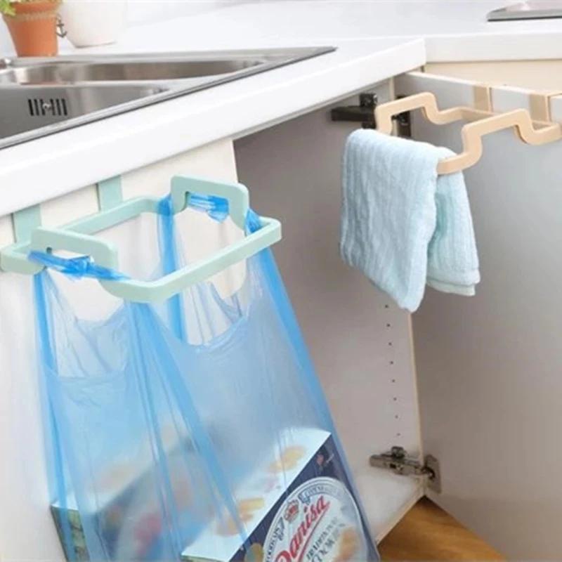 Plastic Door Back Garbage Bag Rack Kitchen Cabinet Door Rear Cloth Hanger Storage Hook Bracket Kitchen Storage Racks Holders 2