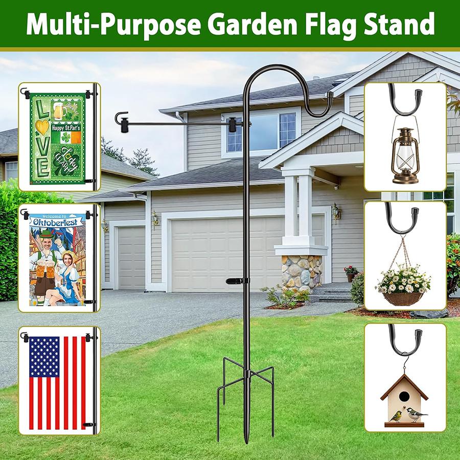 47 Zoll Gartenflaggenhalter mit 5-Fuß-Basis, Metall-Hirtenhaken, Zum Aufhängen von County-Flaggen Hirtenhaken