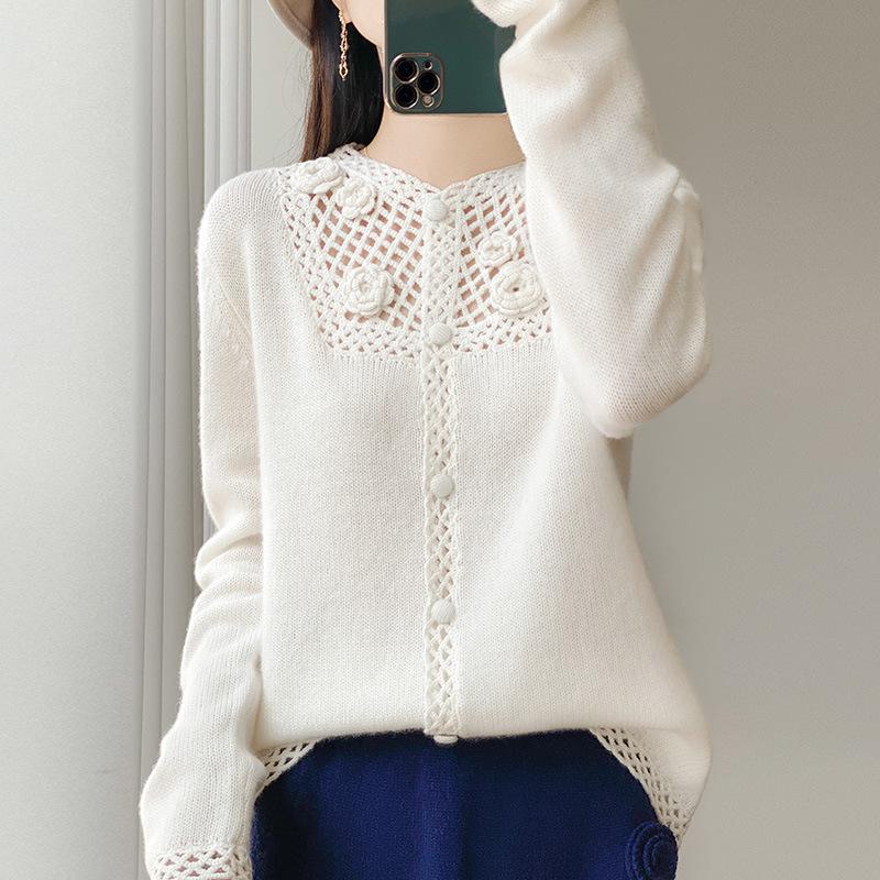 Autumn Style Heavy-Duty Crochet Knit Wool Cardigan: Women's Fashionable Hollow-Out Sweater Coat, Solid Color.