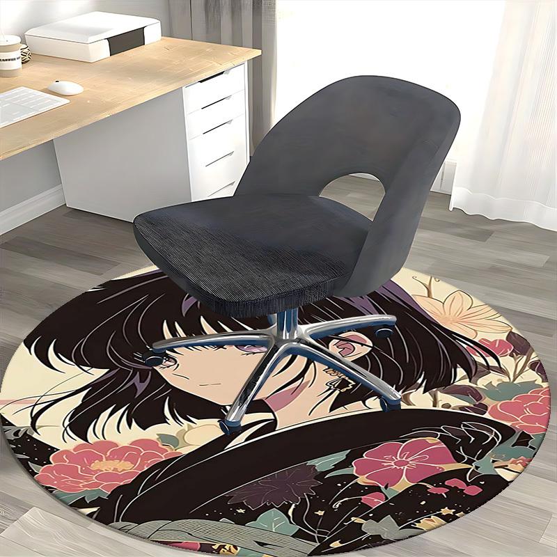 1pc Anime Design Round Carpet Floral Kimono Pattern Chair Mat for Office, Home Decor, Living Room, Bedroom