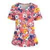 Women's Loose Short Sleeved Fashionable Flowers And Plants Printing V-neck Buttonable Side Slit Top T-shirt