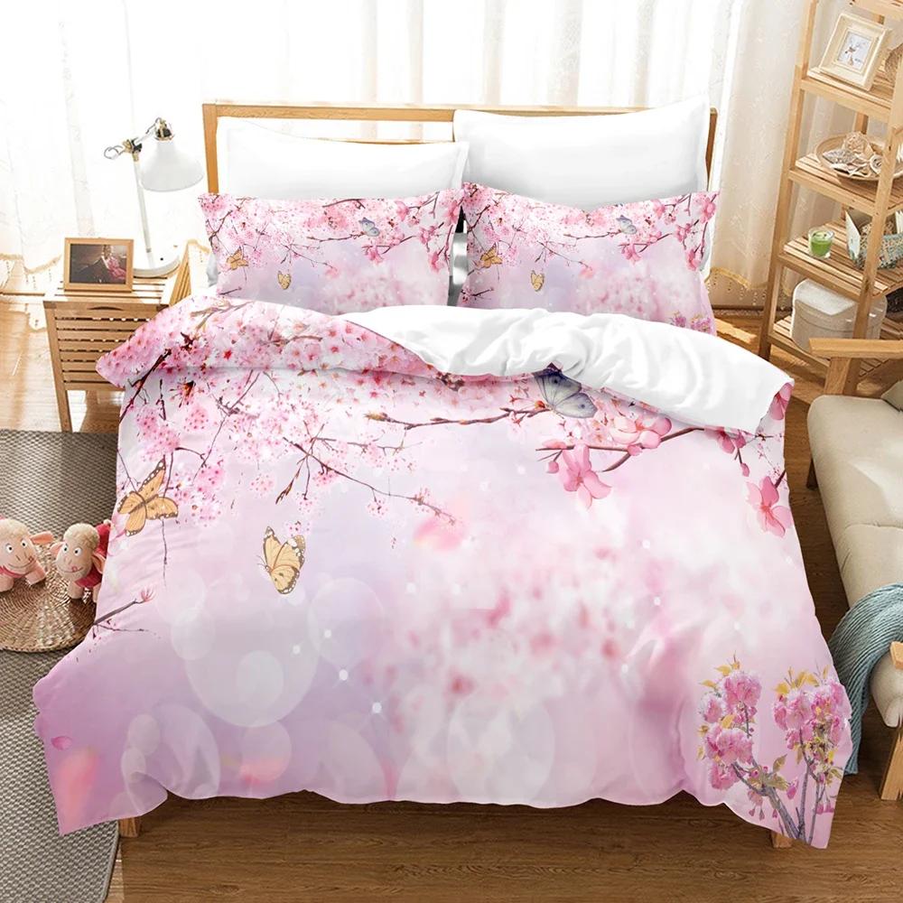 

Pale Pink Duvet Cover Set Sakura Branch With Cherry Flowers Tender Japanese Spring Decorative Bedding Set King Size Green EU Single(135*200cm)3pcs