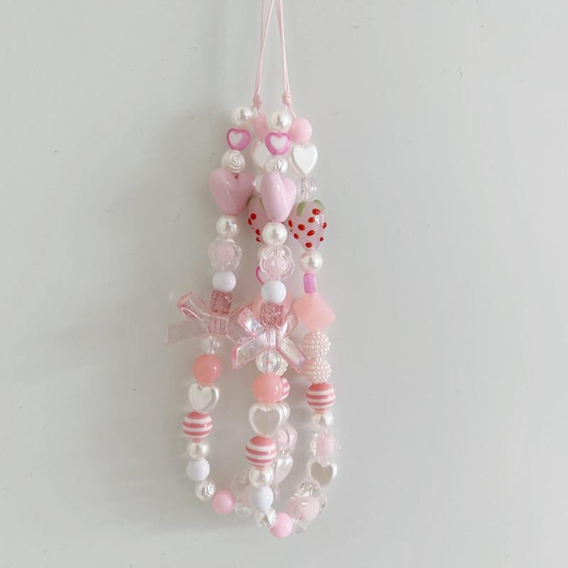 Dulce și Drăguț Roz Căpșună Curea Mobilă Lanțuri Telefon Pentru Femei Lanț de Perle Pandantiv Telefon Farmec Breloc Șnur Anti-Pierdere Bijuterii