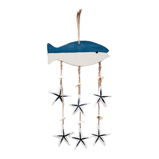 

Rustic Ocean Windchime Coastal Beach Theme Wooden Hanging Decor with Hemp Rope for Indoor Outdoor Nautical Patio Garden B