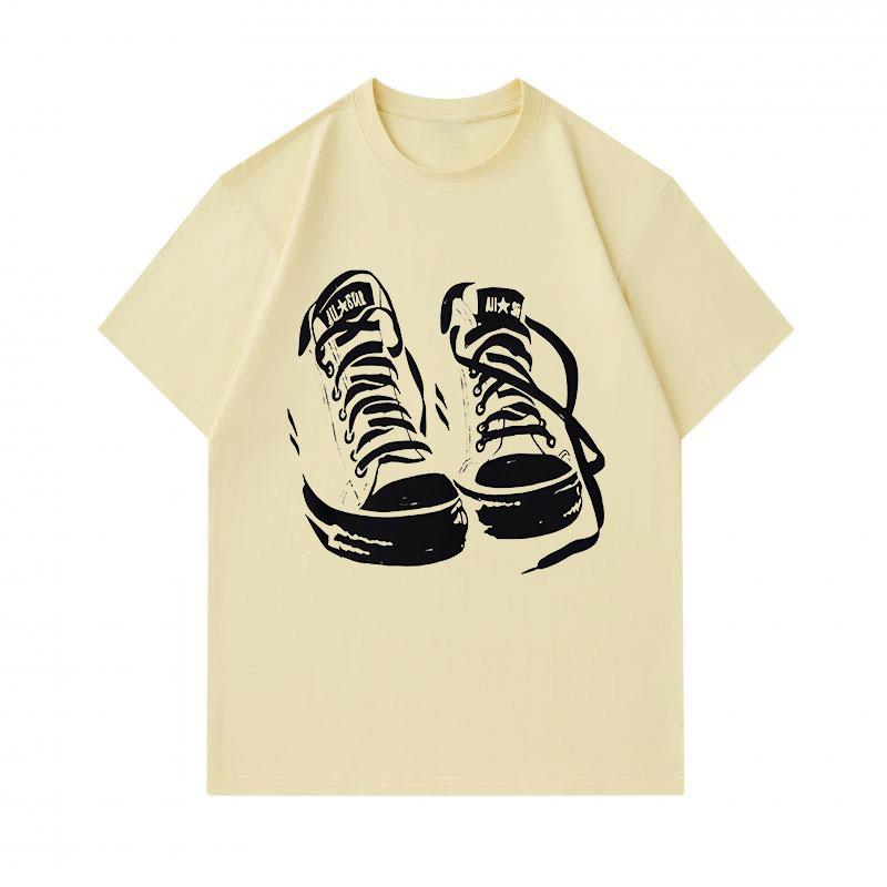 Men's 100% Cotton Crew Neck Short Sleeve T-Shirt, Casual Black White Sneakers Print Comfortable Lightweight Graphic Tee for Daily Wear, Soft Breathabl