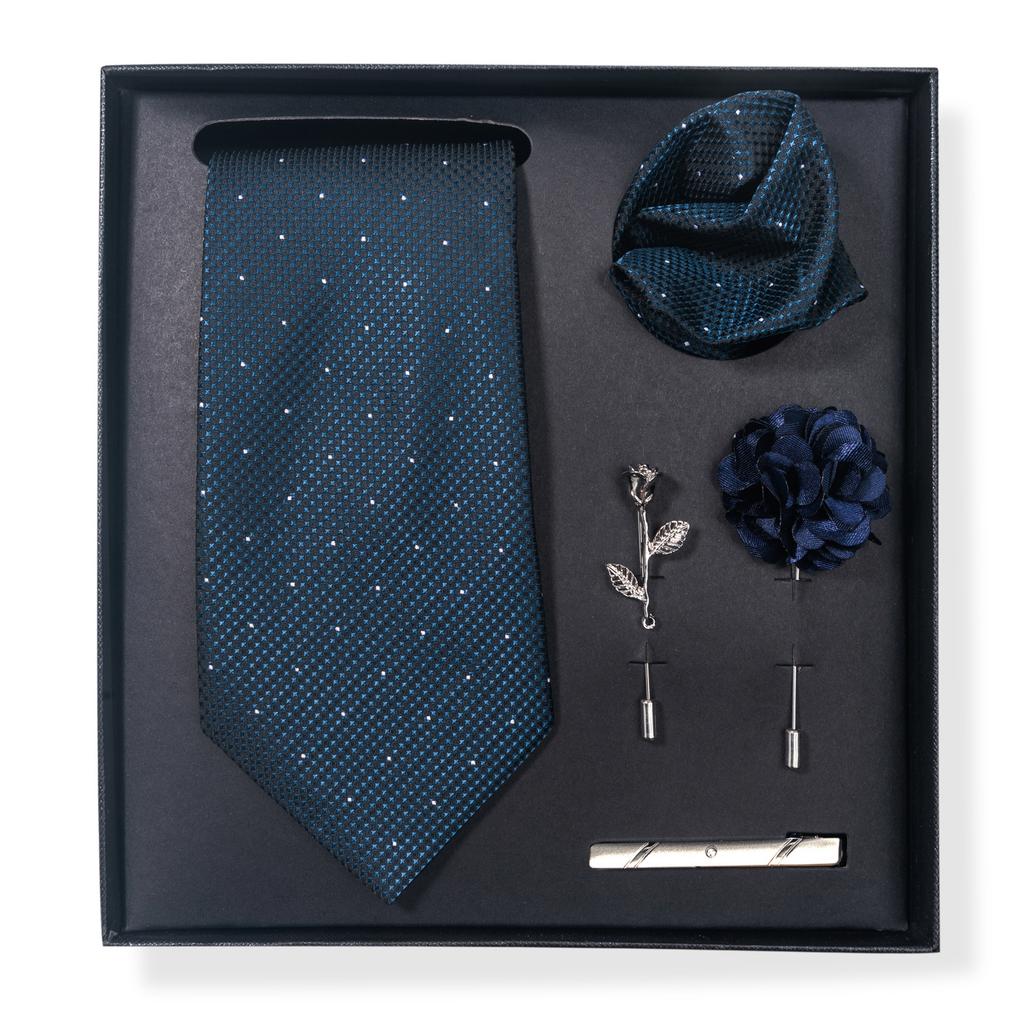 Tie Men'S Trend Net Color Striped Cashew Nut Tie 6-Piece Gift Box Square Scarf Tie Clip Corsage Set
