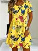 Fun and Cute Cat Print Round Neck Short Sleeved Loose Fit Summer Women's A-Line Dress