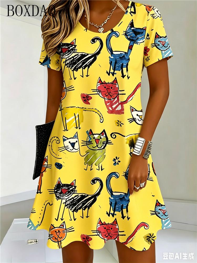 Fun and Cute Cat Print Round Neck Short Sleeved Loose Fit Summer Women's A-Line Dress