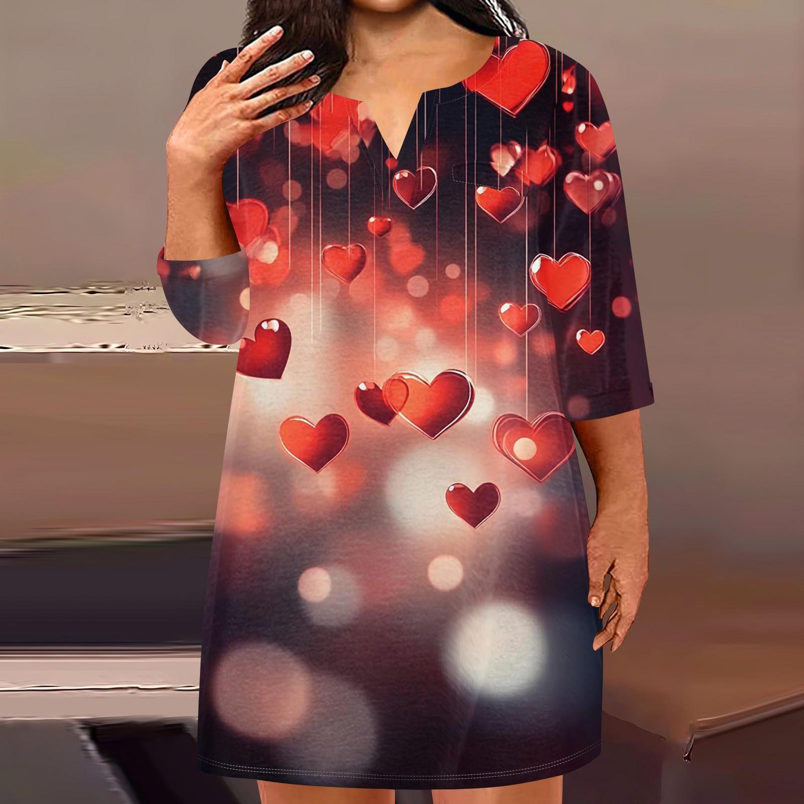 

Женское модное платье больших размеров с V-образным вырезом и рукавом три четверти, повседневное, с принтом «Любовь» и карманами XL арбуз красный