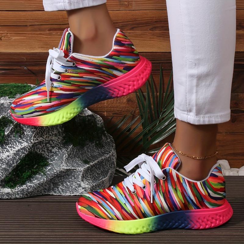Large Size Sneakers Colorful Striped Lace Up Round Toe Sports Single Shoes Rainbow Bottom Sneakers