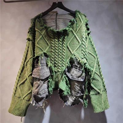 Women Irregular Do Old Pullover Patchwork Pockets Design Vintage Washed Denim Sweater