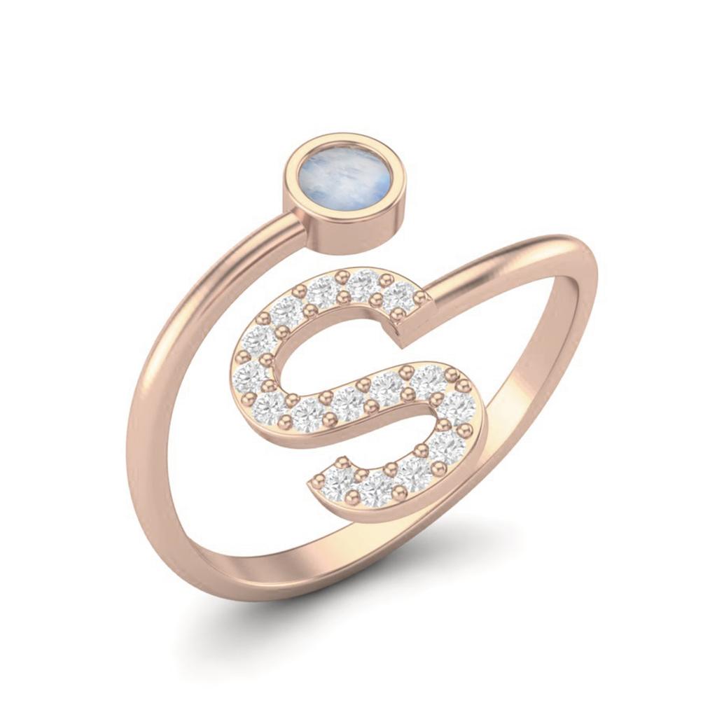 Capital S Initial Letter Moonstone Women Adjustable Front Open Ring 925 Sterling Silver Rose Vermeil