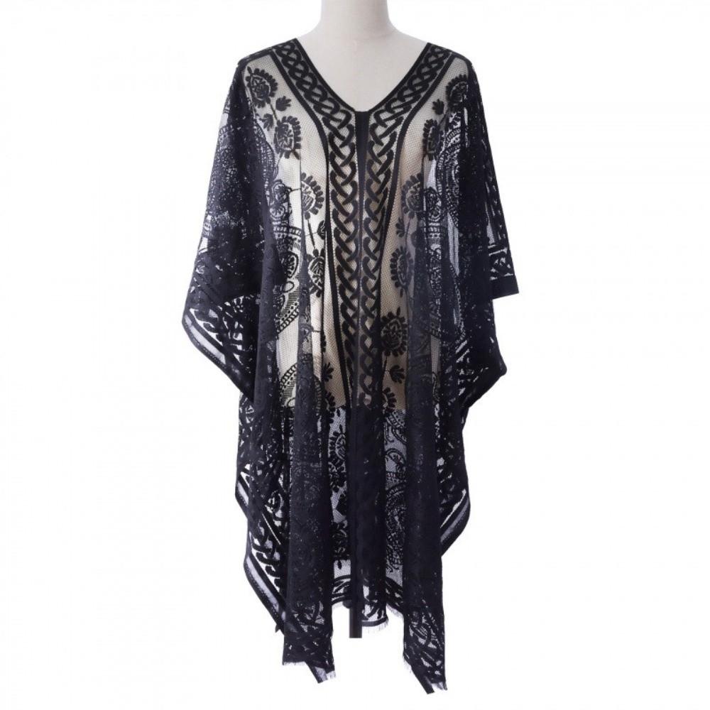 Lace Mesh Bohemian Shawl Plus Size Swimsuit Cover Up Vintage Sunscreen Beach Cover Up Summer