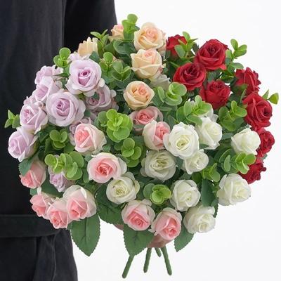 Artificial Flowers Bouquet White Red Rose Eucalyptus Leaves Wedding Decoration Peony Fake Flower For Party Home Decor Outdoor