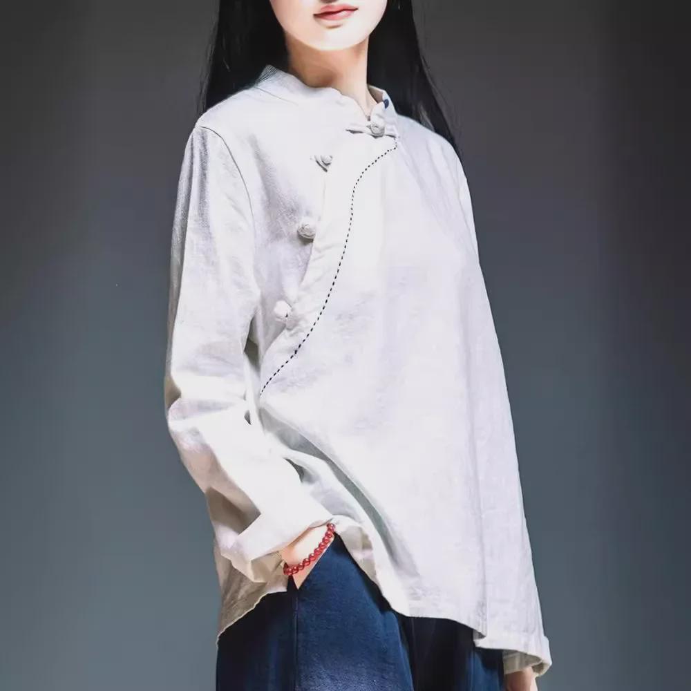 Damska bluzka z bawełny i lnu w stylu retro z długim rękawem: Wiosna/Lato, Krój Slim Fit, Stójka/Asymetryczny Kołnierz