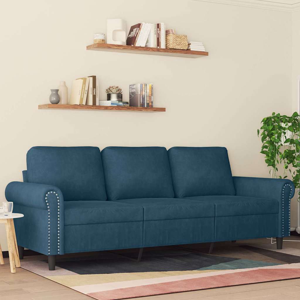 Vidaxl 3-Seater Sofa, Blue, 180 Cm, Upholstered In Velvet