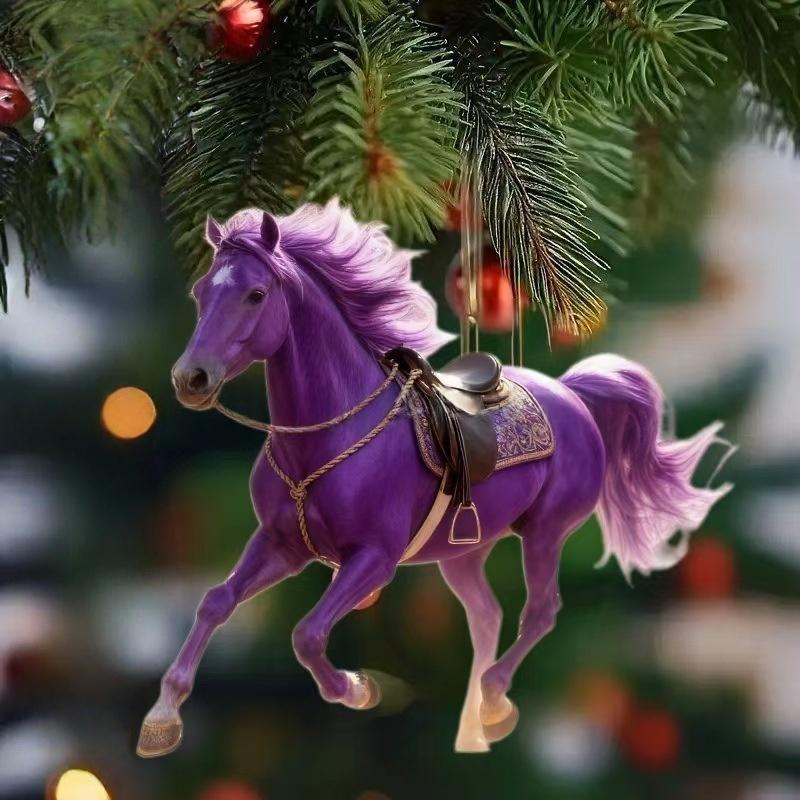 Exquisite 2D Acrylic Horse Car Rearview Mirror Pendant Backpack Charm Christmas Tree Ornament Party New Year Hanging Decoration