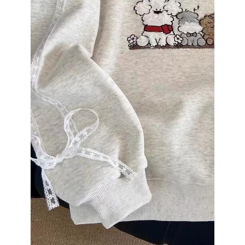 Lace Design with Puppy Pattern Women's Hoodie Round Neck Woman Long Sleeved Pullover Autumn Loose Casual Fashion Top