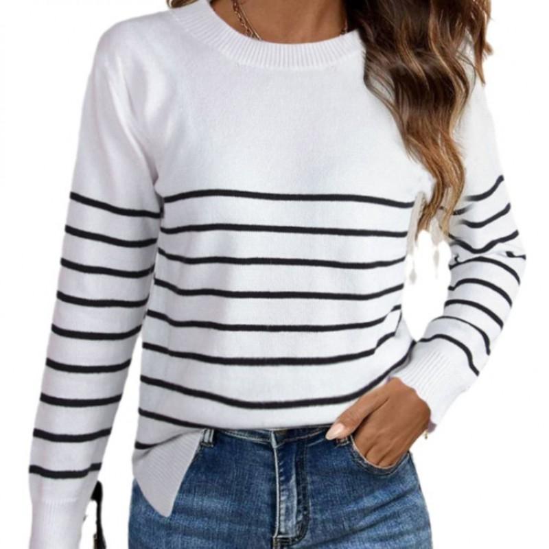 Womens Winter Striped Knit Sweater Loose Fit Round Neck Long Sleeve Casual Pullover