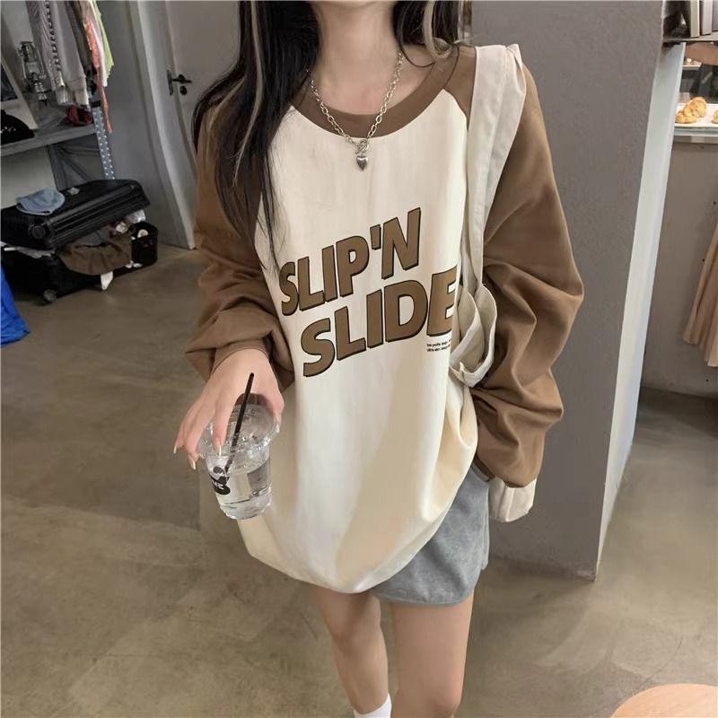 

Plus Size Korean Style Long Sleeve Printed Patchwork T-shirt - Elegant Spring/Fall Color Block Top 2XL коричневый