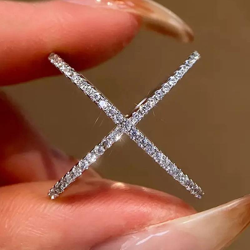 

Huitan Simple Cross Design Ring for Women Stylish Daily Party Copper Color Accessories with Shiny CZ Low-Key Lady Finger Zircon 8