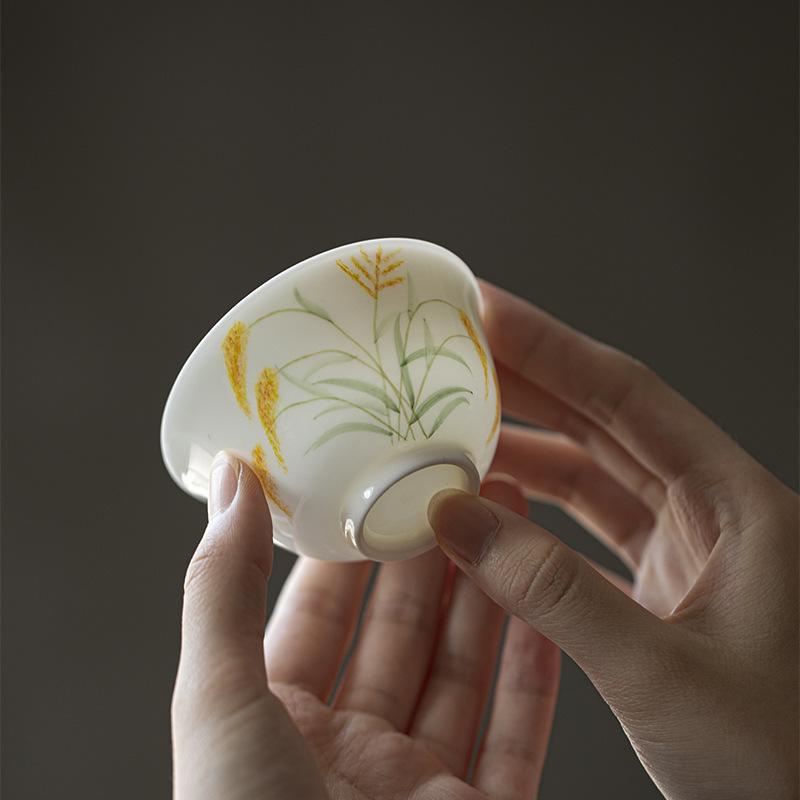 Hand-Painted Wheat White Porcelain Tea Cup - Large Zen Master Cup for Home, Pu-erh Tea andmade Ceramic Drinking Gift