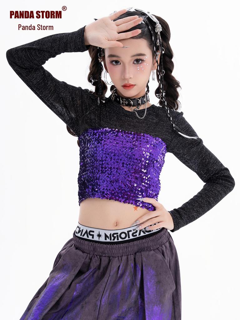 Mädchen Trendiges Pailletten Jazz Tanz Bandeau und Lange Hose Set - Street Dance Performance Kostüm