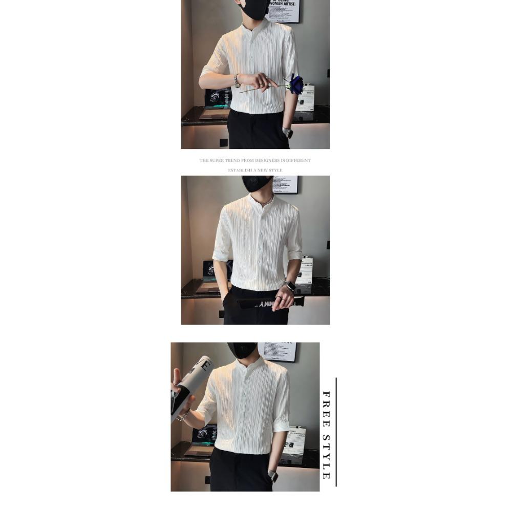 Striped Texture Seven Quarter Sleeved Men's T-shirt Summer Ice Silk Short Sleeved Shirt Men's Henry Collar Shirt