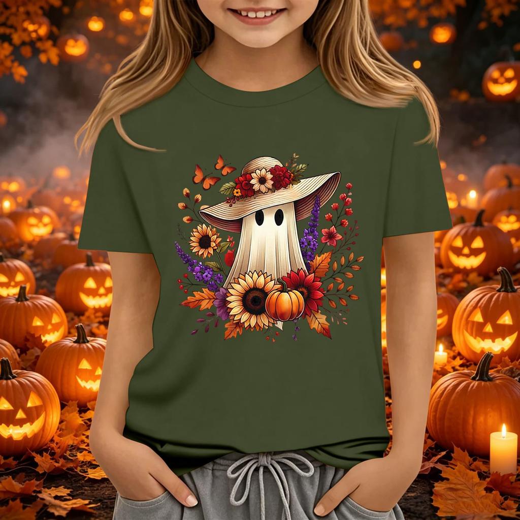 Kids Halloween Printed Short Sleeve T-Shirt Loose Fit Round Neck Casual Tee