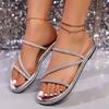 Sexy Sliver Narrow Band Slippers Women 2025 Summer Glitter Decoration Round Toe Flat Heels Sandals Beach Sandals Size 43