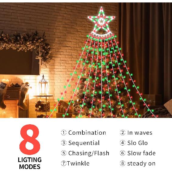 350 LED Christmas Decorations Star String Lights Waterproof Waterfall StarLights 8 Light Modes Remote & Timer,Waterproof Seasonal Lighting Decor for